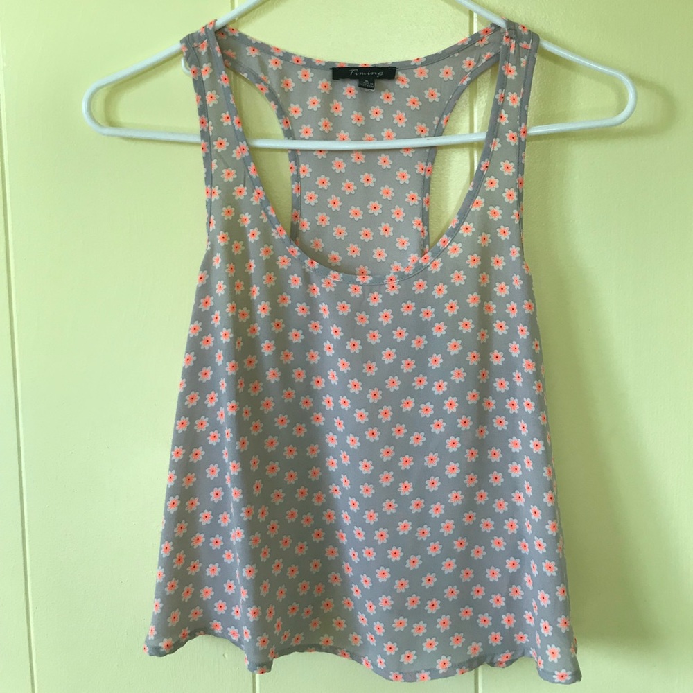 TIMING Grey Muscle Tee w/ Neon Pink Flowers